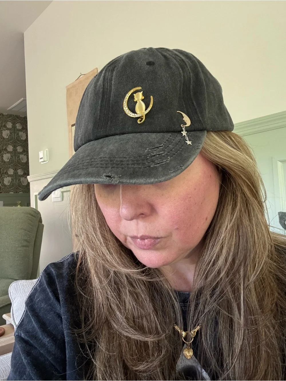 Distressed Black Women's Baseball Cap with Gold Celestial Pin